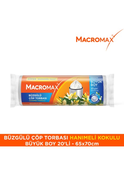 Büzgülü Çöp Torbası Büyük Boy (65x70cm) Hanımeli Kokulu 20 Adet Süper Ekonomik Paket