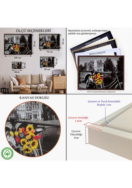 Beyaz Çerçeveli Amsterdam Kanallarındaki Bisiklet ve Laleler Tablosu indirimleri