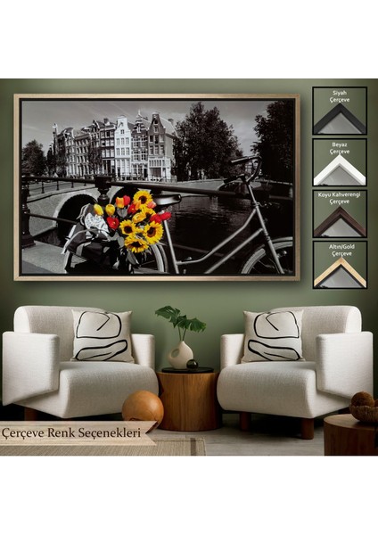 Beyaz Çerçeveli Amsterdam Kanallarındaki Bisiklet ve Laleler Tablosu
