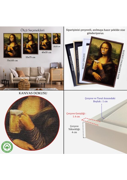 Çerçeveli Bira Içme Mona Lisa Kanvas Tablo, Olağandışı Mona Lisa Kanvas TABLO-5219 indirimleri