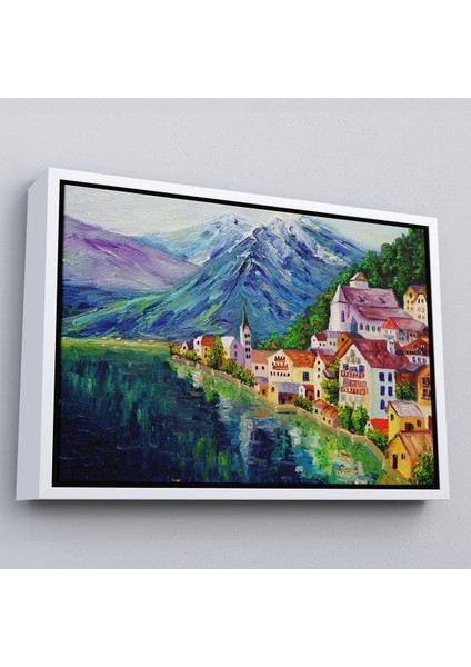 Beyaz Çerçeveli Avusturya Hallstatt Yağlıboya Görünüm Dekoratif Kanvas Duvar Tablosu