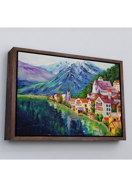 Beyaz Çerçeveli Avusturya Hallstatt Yağlıboya Görünüm Dekoratif Kanvas Duvar Tablosu fiyatları