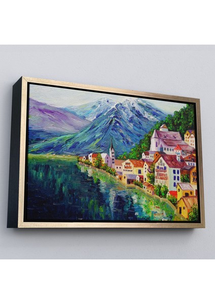 Beyaz Çerçeveli Avusturya Hallstatt Yağlıboya Görünüm Dekoratif Kanvas Duvar Tablosu modelleri