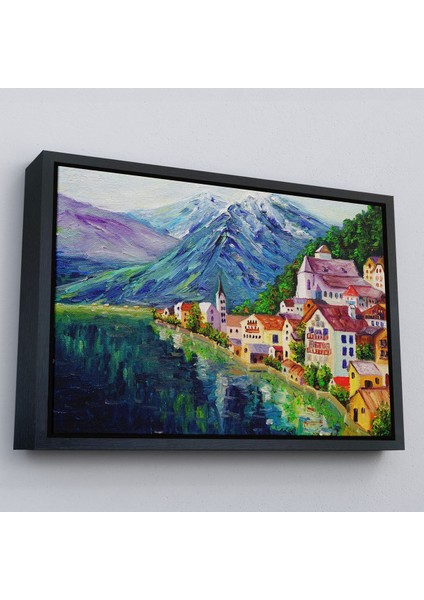 Beyaz Çerçeveli Avusturya Hallstatt Yağlıboya Görünüm Dekoratif Kanvas Duvar Tablosu fırsatları