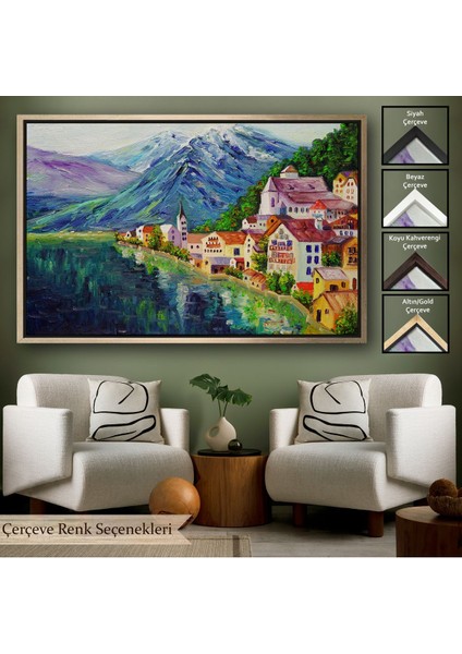 Beyaz Çerçeveli Avusturya Hallstatt Yağlıboya Görünüm Dekoratif Kanvas Duvar Tablosu