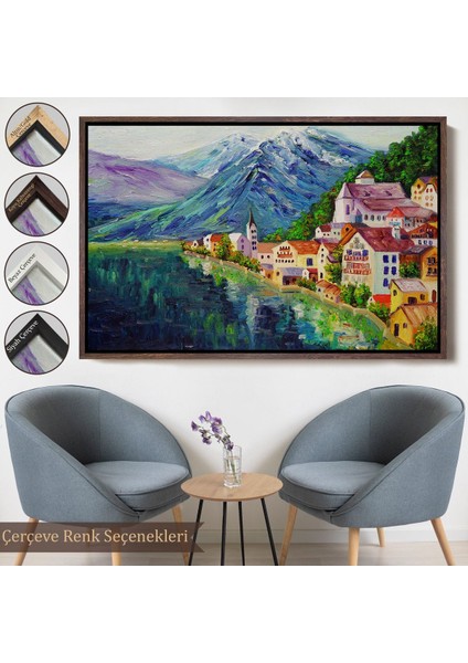 Beyaz Çerçeveli Avusturya Hallstatt Yağlıboya Görünüm Dekoratif Kanvas Duvar Tablosu