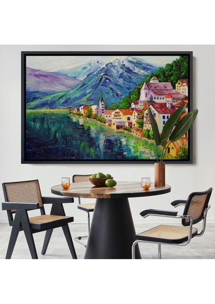 Beyaz Çerçeveli Avusturya Hallstatt Yağlıboya Görünüm Dekoratif Kanvas Duvar Tablosu