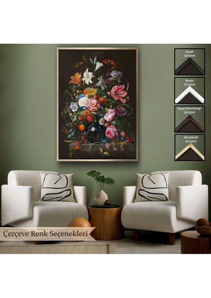 Çerçeveli Renkli Çiçekler Yağlıboya Görünüm Dekoratif Kanvas Duvar TABLOSU-5941
