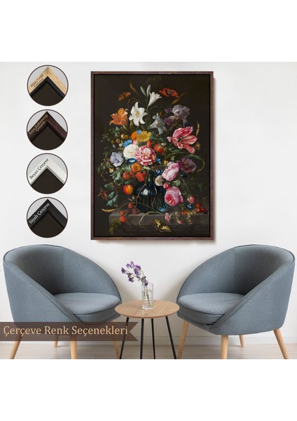 Çerçeveli Renkli Çiçekler Yağlıboya Görünüm Dekoratif Kanvas Duvar TABLOSU-5941