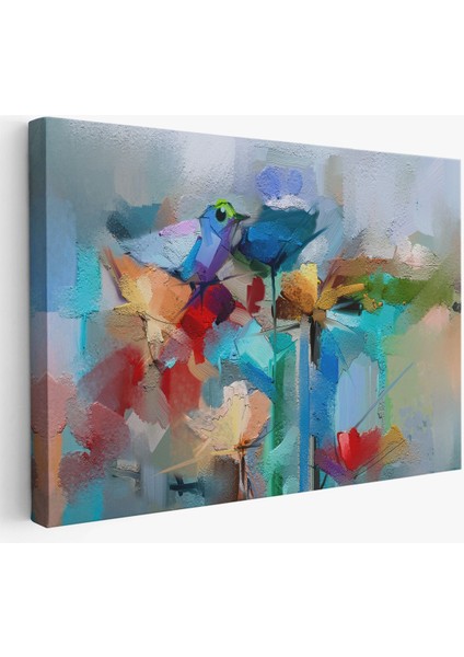 Modern Soyut Tarzda Çiçekler ve Kuş Dekoratif Kanvas Duvar TABLOSU-3701