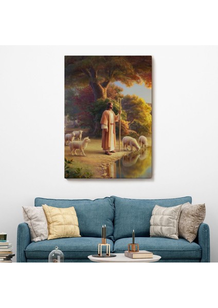 Kuzularla Göl Kenarında Duran Isa Mesih, Hristiyan Kilise Hediyesi Kanvas TABLO-5272 fiyatları