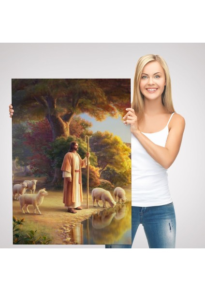 Kuzularla Göl Kenarında Duran Isa Mesih, Hristiyan Kilise Hediyesi Kanvas TABLO-5272 modelleri