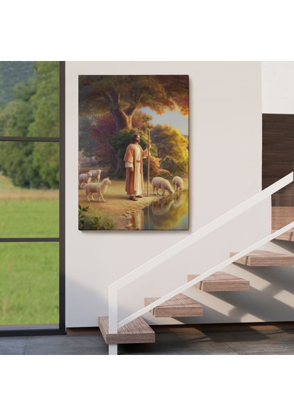 Kuzularla Göl Kenarında Duran Isa Mesih, Hristiyan Kilise Hediyesi Kanvas TABLO-5272 fırsatları