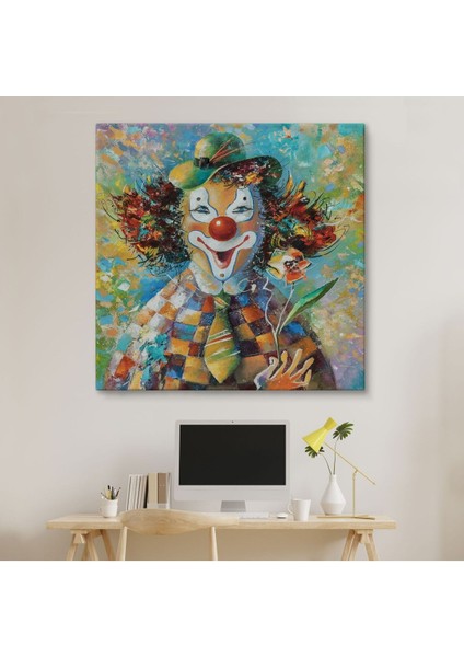 Bir Çiçekli Palyaço Yağlıboya Görünüm Dekoratif Kanvas Duvar TABLOSU-5838