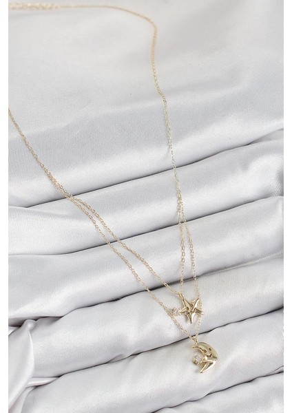 Pirinç Zirkon Taşlı Yıldız ve Ay Model Gold Renk Kadın Kolye - TJ-BKO10422 fiyatları