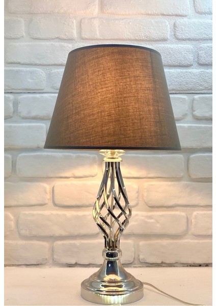 Krom Kaplama Rustik Burgu Metal Ayaklı Gri Konik Kumaş Şapkalı Abajur Modelleri