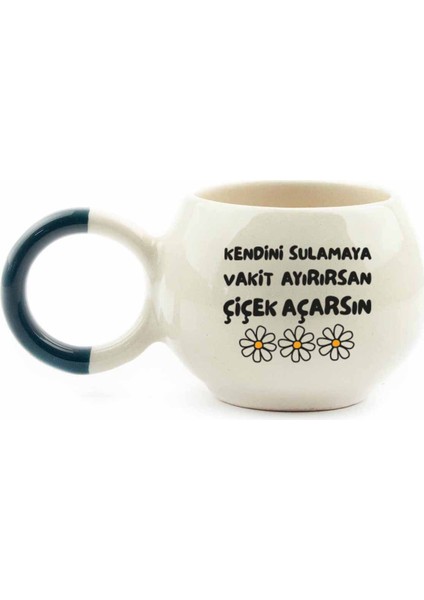 Kendini Sulamaya Vakit Ayırırsan Çiçek Açarsın El Yapımı Krem Parlak Baloncuk Fincan - Hediyelik Seramik Fincan