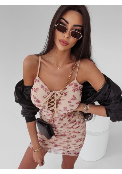 Multisifon Göğüs Bağcıklı Dijital Baskılı Slim Elbise fiyatları