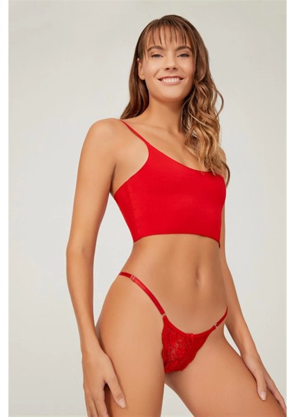 Cotonhill Önü Dantelli Tül Detaylı Kadın Tanga Külot -Kırmızı