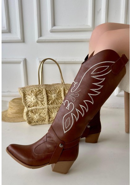 Bernishoes Jilla Taba Cilt Tak Çıkar Topuklu Bot ve Çizme