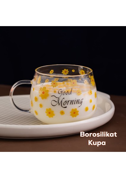 2089 Borosilikat Isıya Ateşe Dayanıklı Cam Kulplu Çay Bardağı Kahve Bardak Kupa Sarı 400 ml