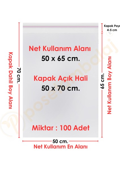 50x65+5 cm.(50x70) 100 Adet Şeffaf Bantlı Yapışkanlı Jelatin Poşet