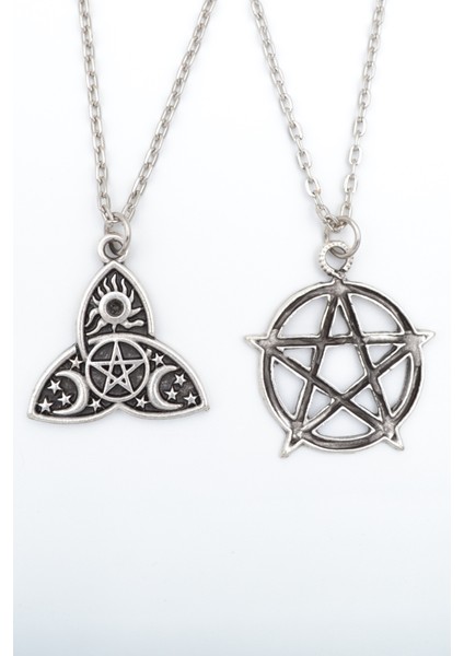 2'li Pentagram - Triquetra Güneş Ay Yıldız Gümüş Kaplama Kolye Seti