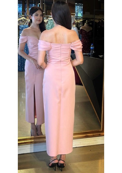 Pudra Madonna Yaka Yırtmaçlı Düz Kesim Krep Midi Abiye Elbise 7696 indirimleri