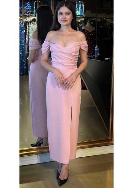 Pudra Madonna Yaka Yırtmaçlı Düz Kesim Krep Midi Abiye Elbise 7696