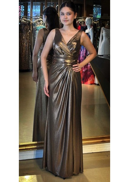 Bakır Kalın Askı V Yaka Anvelop Yırtmaçlı Düz Kesim Simli Uzun Abiye Elbise 11074