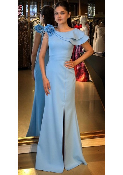 Mavi Çiçek Detaylı Yırtmaçlı Düz Kesim Krep Uzun Abiye Elbise 11027