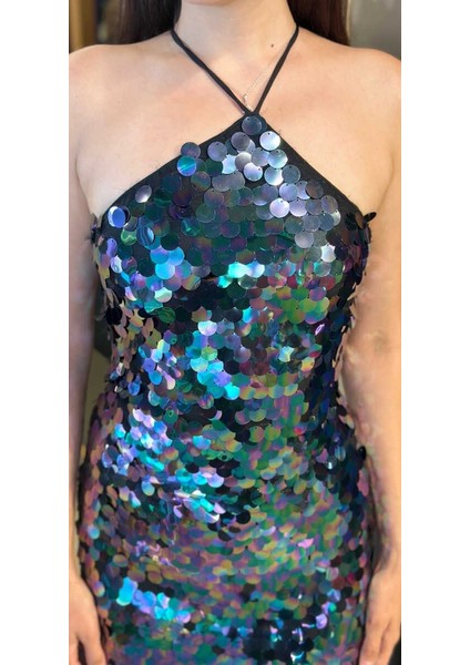 Yeşil Stefanel Yaka Sırt Dekolteli Yırtmaçlı Düz Kesim Payet Midi Abiye Elbise 11042 fırsatları