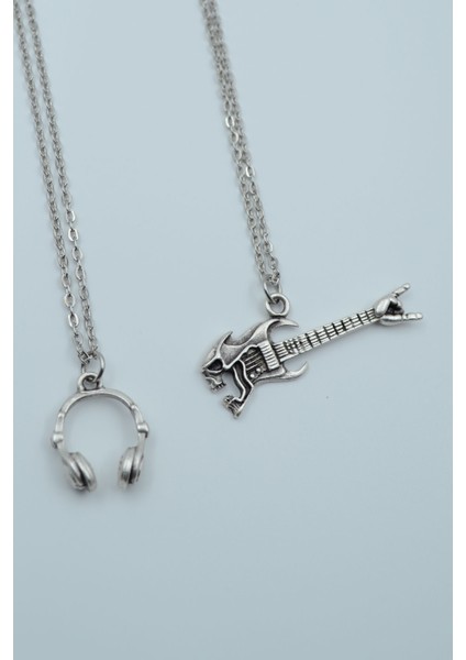 2'li Kulaklık Kuru Kafa Elektro Gitar Gümüş Kaplama Kolye Seti