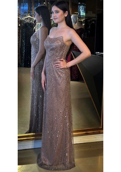 Bakır Straplez Yaka Sırt Dekolteli Düz Kesim Pullu Boncuklu Uzun Abiye Elbise 7778 fiyatları