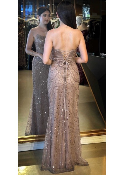 Bakır Straplez Yaka Sırt Dekolteli Düz Kesim Pullu Boncuklu Uzun Abiye Elbise 7778 indirimleri