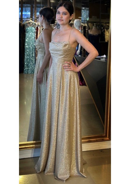 Gold Ip Askılı Kare Yaka Sırt Dekolteli Kloş Etekli Simli Uzun Abiye Elbise 7780 fiyatları