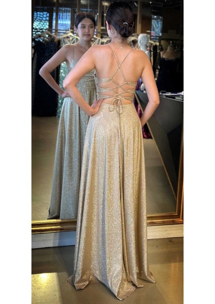 Gold Ip Askılı Kare Yaka Sırt Dekolteli Kloş Etekli Simli Uzun Abiye Elbise 7780 indirimleri