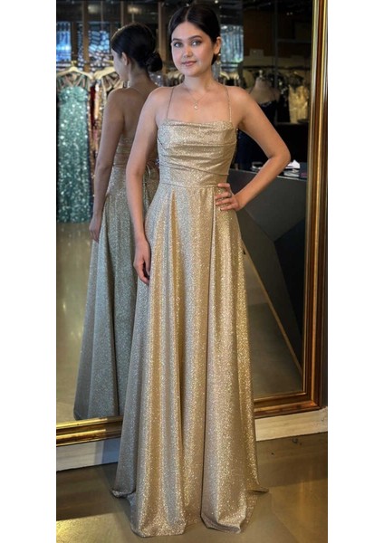 Gold Ip Askılı Kare Yaka Sırt Dekolteli Kloş Etekli Simli Uzun Abiye Elbise 7780