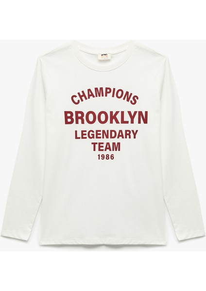 Pamuklu Bisiklet Yaka Uzun Kollu Baskılı Tişört