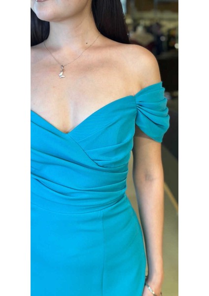 Turkuaz Madonna Yaka Yırtmaçlı Düz Kesim Krep Midi Abiye Elbise 7696 fırsatları