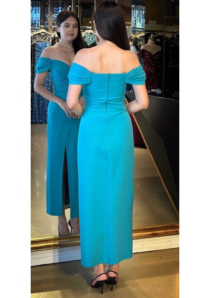 Turkuaz Madonna Yaka Yırtmaçlı Düz Kesim Krep Midi Abiye Elbise 7696 indirimleri