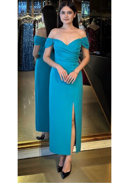 Turkuaz Madonna Yaka Yırtmaçlı Düz Kesim Krep Midi Abiye Elbise 7696