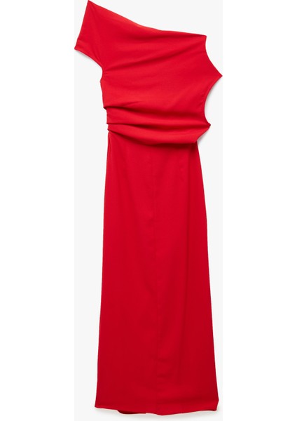 Krep Kumaş Asimetrik Kesim Drapeli Yırtmaçlı Midi Boy Tek Omuz Elbise fiyatları