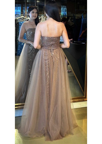 Kahverengi Straplez Yaka Tül Pelerin Etekli Pullu Boncuklu Uzun Abiye Elbise 7705 indirimleri