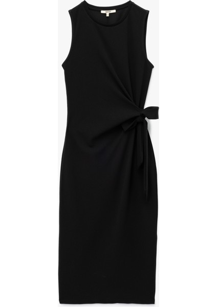 Krep Kumaş Bisiklet Yaka Kolsuz Bağlama Detaylı Midi Boy Kalem Elbise