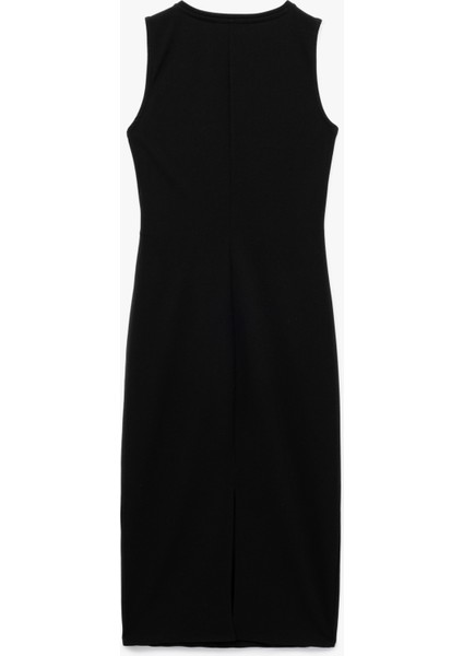 Krep Kumaş Bisiklet Yaka Kolsuz Bağlama Detaylı Midi Boy Kalem Elbise fiyatları