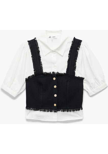 Slim Fit Kısa Balon Kollu Düğmeli Gömlek Yaka Tüvit Dokulu Crop Bluz