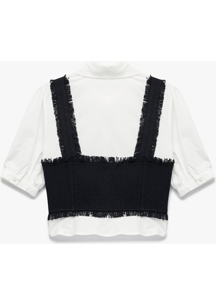 Slim Fit Kısa Balon Kollu Düğmeli Gömlek Yaka Tüvit Dokulu Crop Bluz fiyatları