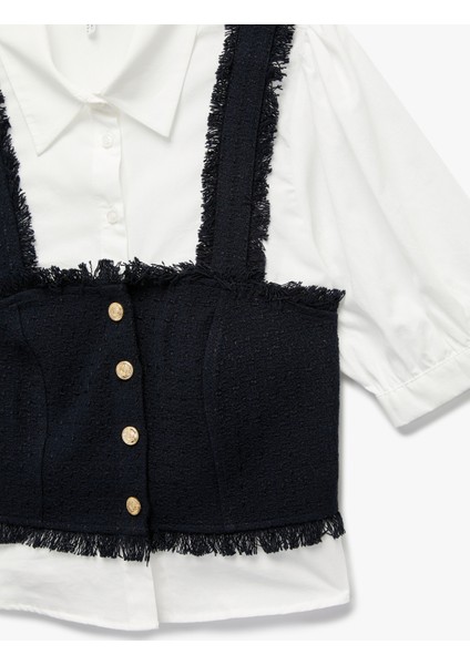 Slim Fit Kısa Balon Kollu Düğmeli Gömlek Yaka Tüvit Dokulu Crop Bluz modelleri