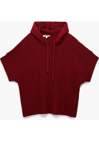 Geniş Kısa Kollu Kapüşonlu Saç Örgüsü Dokulu Triko Oversize Panço